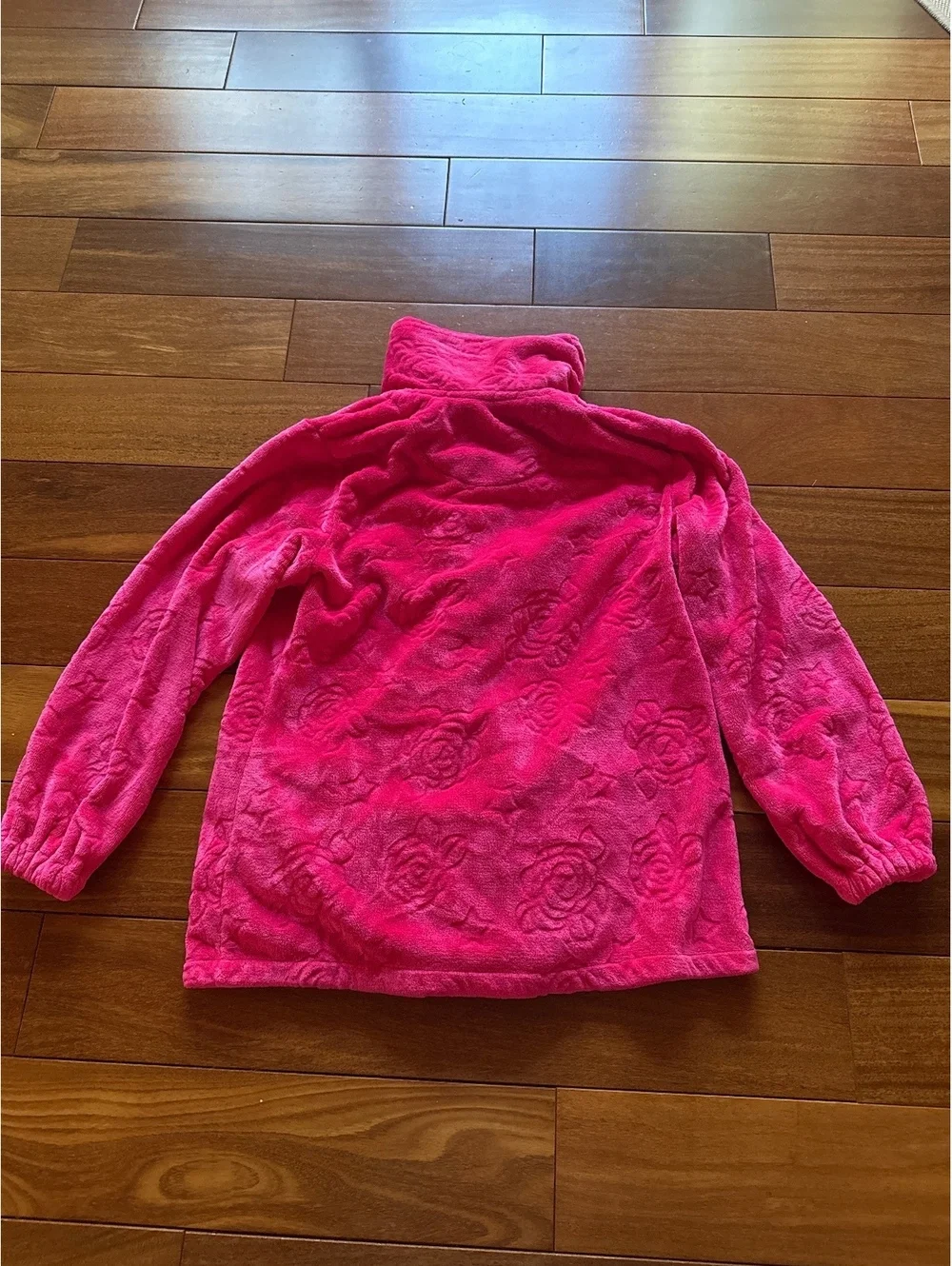 Pink Floral Embossed Fleece Jacket with Ruffle Pockets